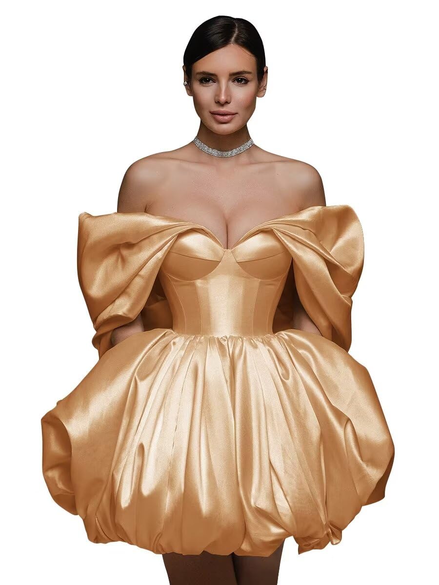 Off The Shoulder Short Wedding Dresses for Bride Puffy Satin Bridal Dresses w/Pockets Strapless Formal Ball Gowns