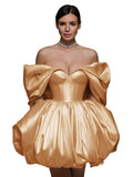 Off The Shoulder Short Wedding Dresses for Bride Puffy Satin Bridal Dresses w/Pockets Strapless Formal Ball Gowns