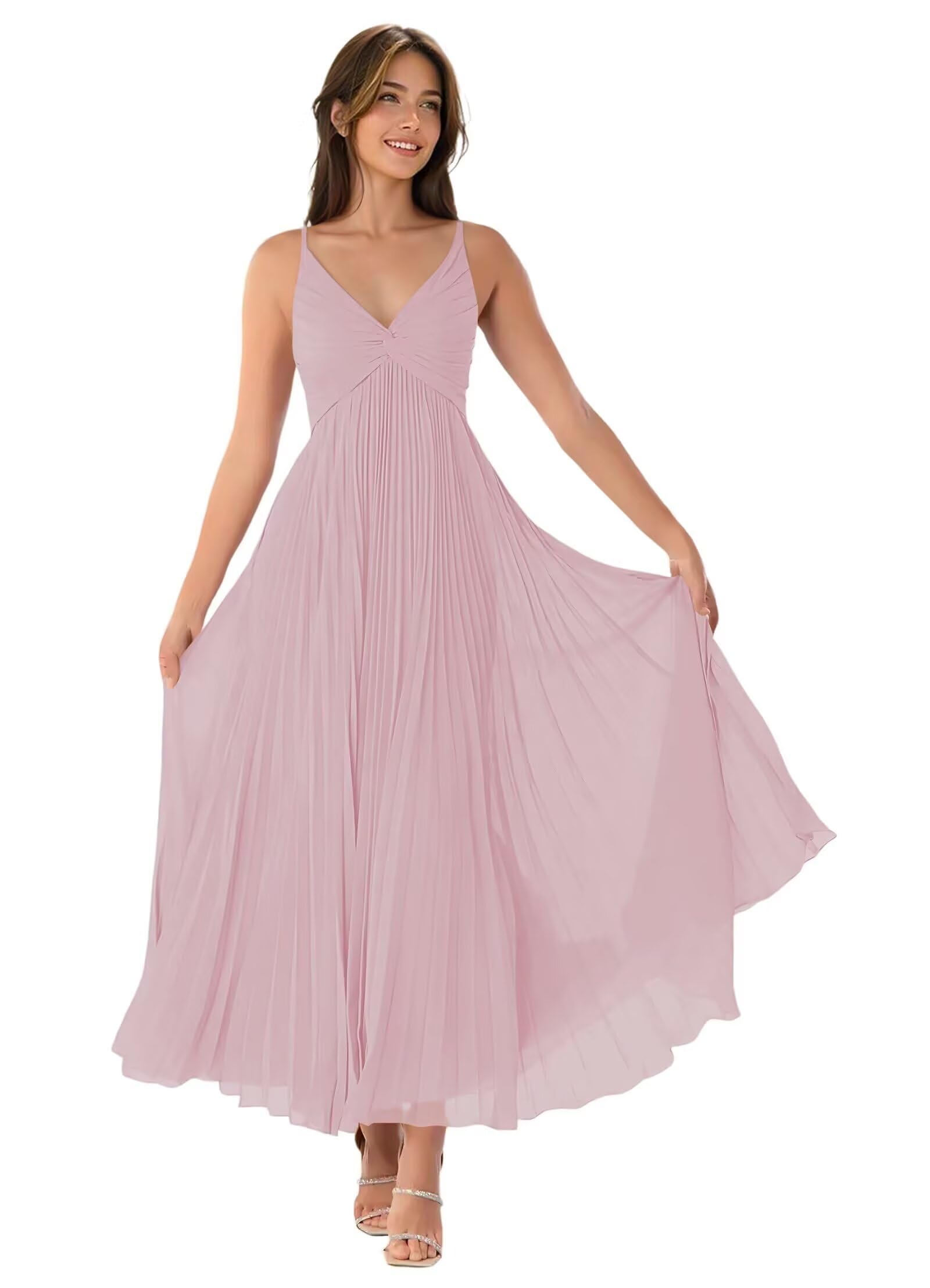 V-Neck Pleated Bridesmaid Dresses for Women Chiffon Spaghetti Straps Pleates Long Formal Wedding Guest Dress