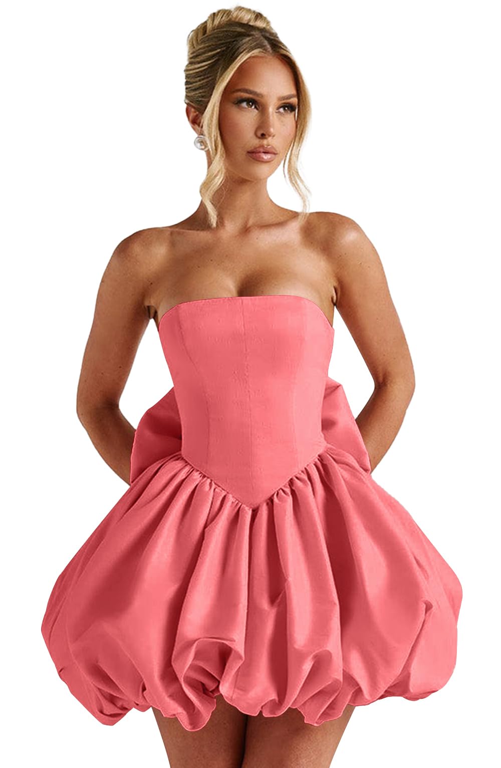 Satin Flower Bud Homecoming Dress Short Prom Dress with Bow Strapless A Line Mini Cocktail Party Gown