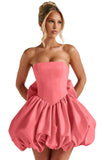 Satin Flower Bud Homecoming Dress Short Prom Dress with Bow Strapless A Line Mini Cocktail Party Gown
