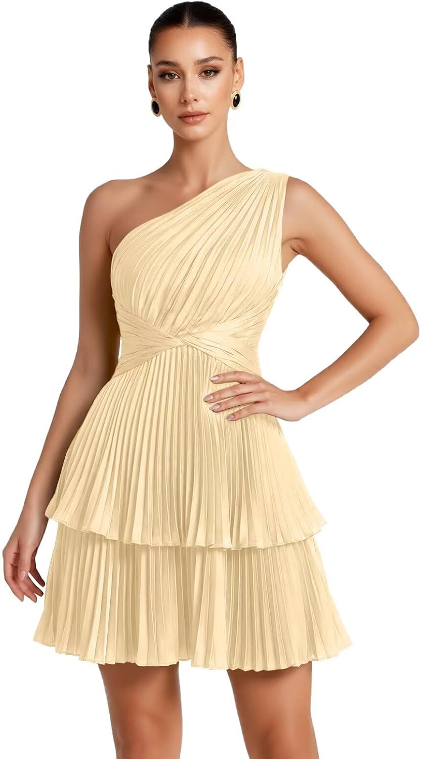 One Shoulder Satin Homecoming Dresses for Teens 2026 Short A-line Prom Dress Pleated Tiered Cocktail Party Gowns