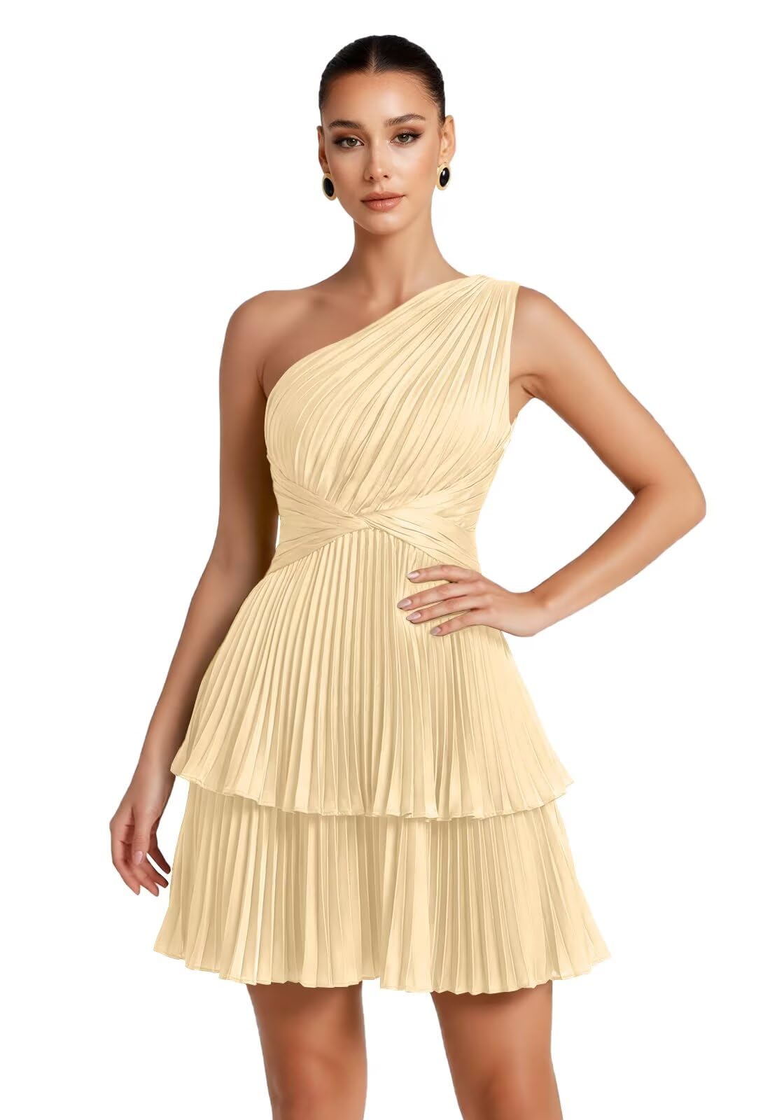One Shoulder Satin Homecoming Dresses for Teens 2026 Short A-line Prom Dress Pleated Tiered Cocktail Party Gowns