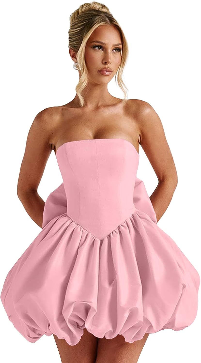 Satin Flower Bud Homecoming Dress Short Prom Dress with Bow Strapless A Line Mini Cocktail Party Gown