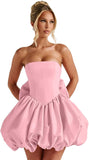 Satin Flower Bud Homecoming Dress Short Prom Dress with Bow Strapless A Line Mini Cocktail Party Gown