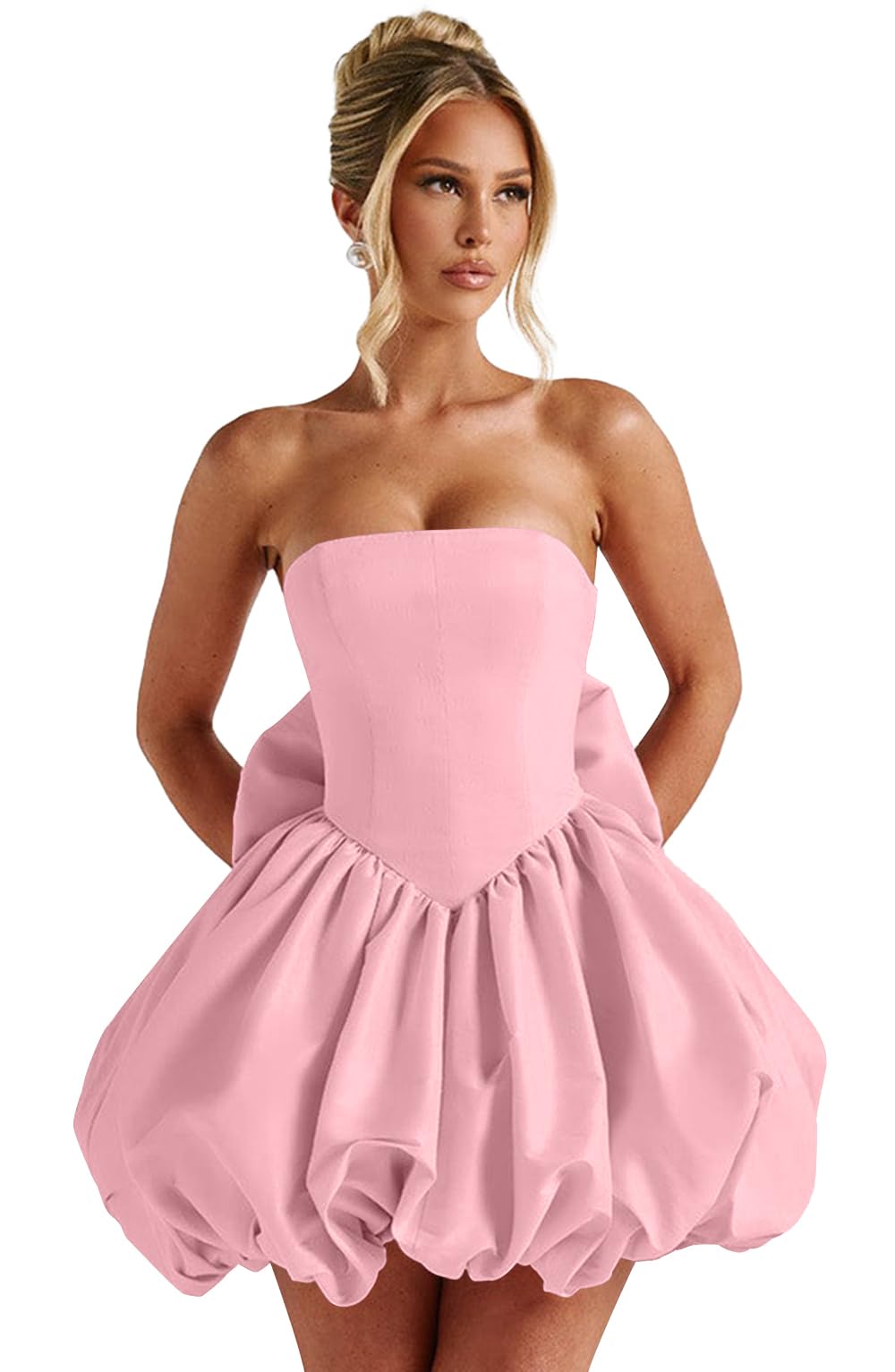 Satin Flower Bud Homecoming Dress Short Prom Dress with Bow Strapless A Line Mini Cocktail Party Gown