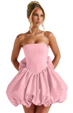 Satin Flower Bud Homecoming Dress Short Prom Dress with Bow Strapless A Line Mini Cocktail Party Gown
