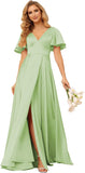 Women's V Neck Ruffle Sleeves Bridesmaid Dresses with Slit 2025 Satin A-Line Formal Evening Gowns