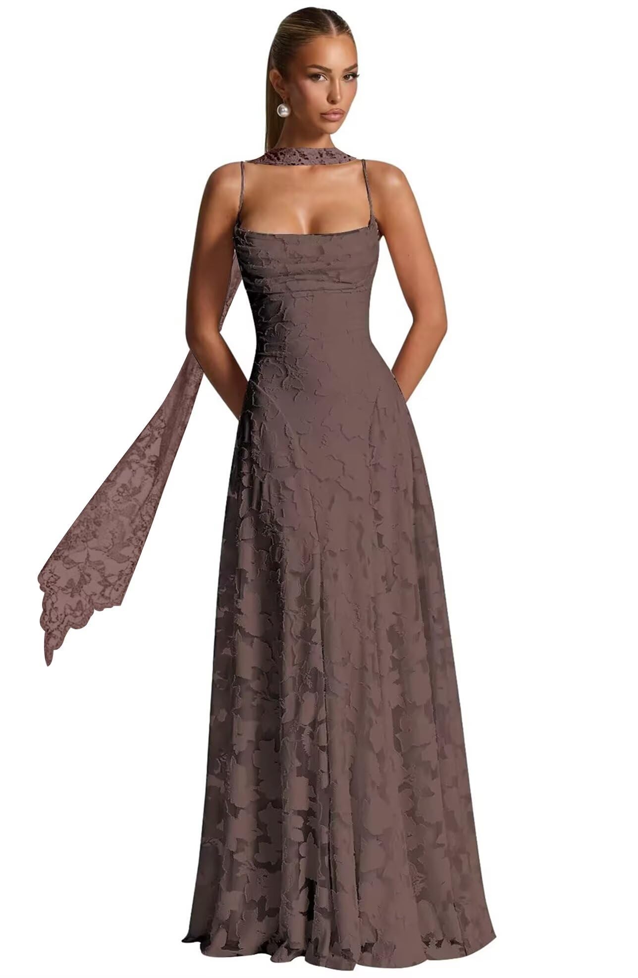 Floral Lace Bridesmaid Dresses for Women Long Spaghetti Straps Formal Evening Gowns with Scarf