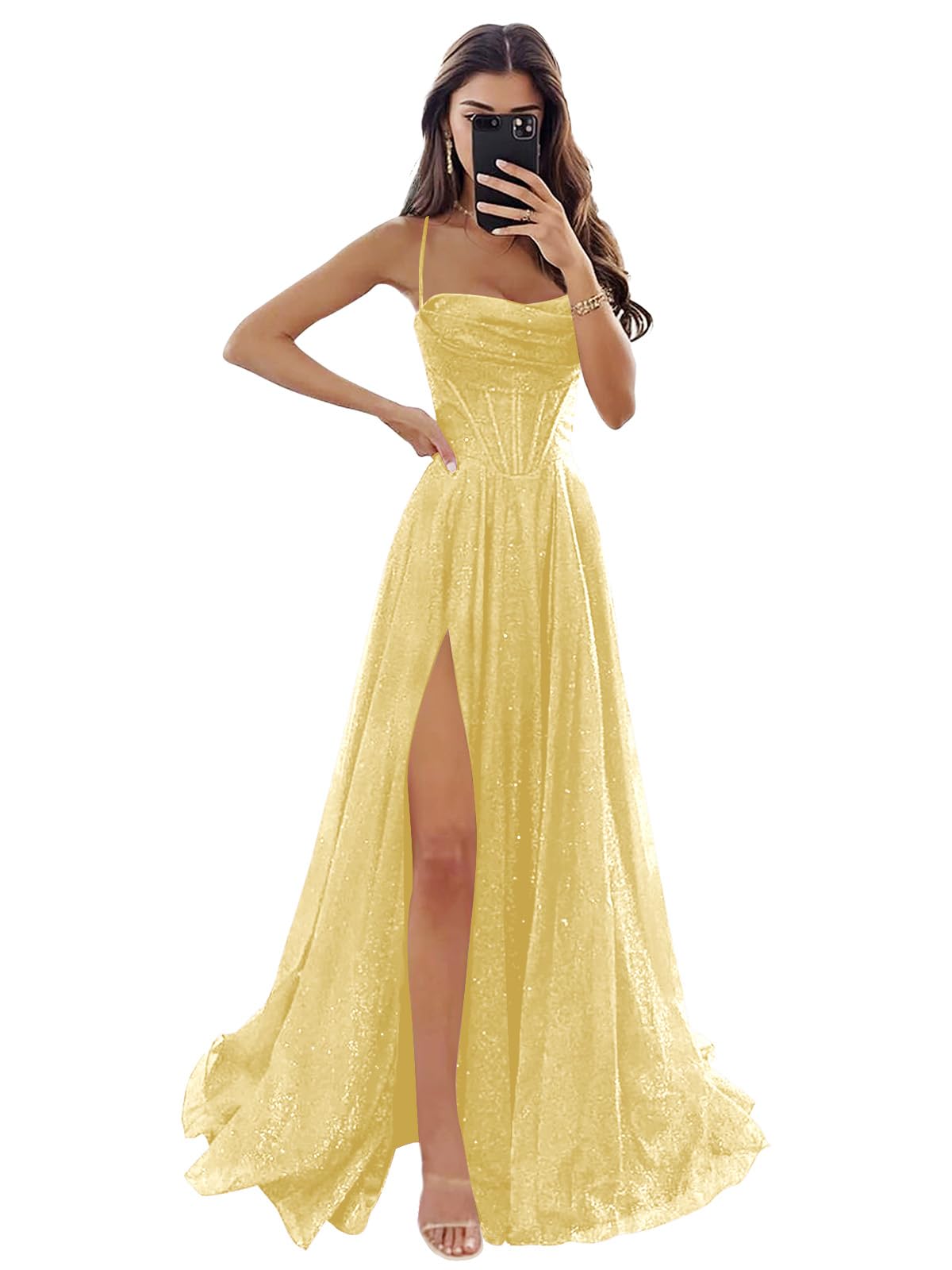 Women's Spaghetti Straps Glitter Tulle Prom Dress with Slit Cowl Neck Long Evening Formal Party Gown