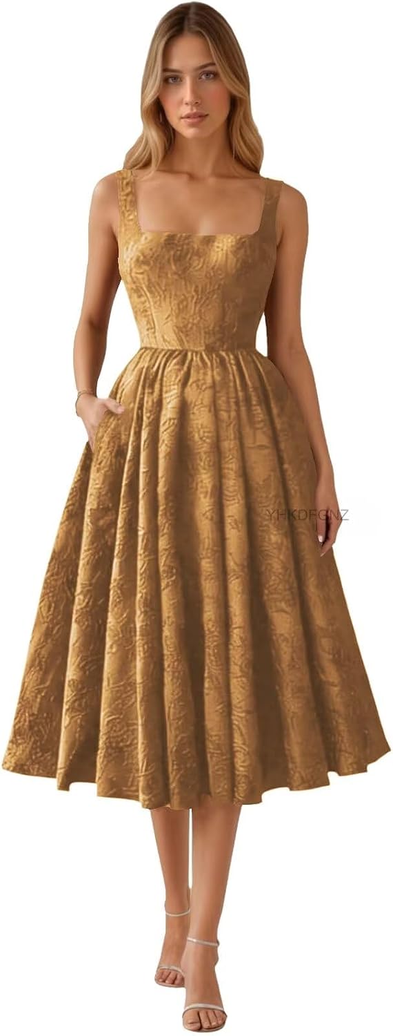 Floral Jacquard Satin Prom Dresses for Women Tea Length Formal Evening Party Dress with Pockets