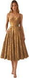 Floral Jacquard Satin Prom Dresses for Women Tea Length Formal Evening Party Dress with Pockets