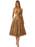 Floral Jacquard Satin Prom Dresses for Women Tea Length Formal Evening Party Dress with Pockets