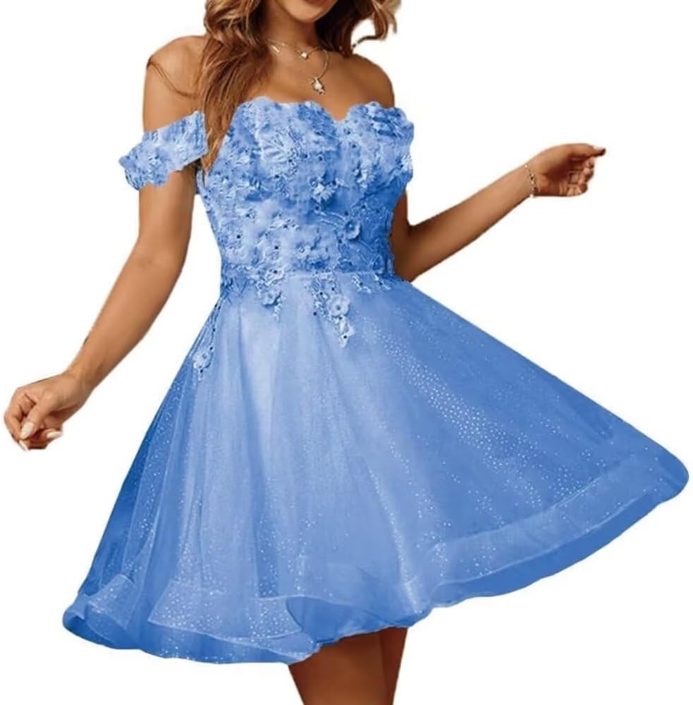 Sparkly Tulle Homecoming Dresses for Teens 2027 3D Flowers Cocktail Gowns Off Shoulder Short Prom Dresses