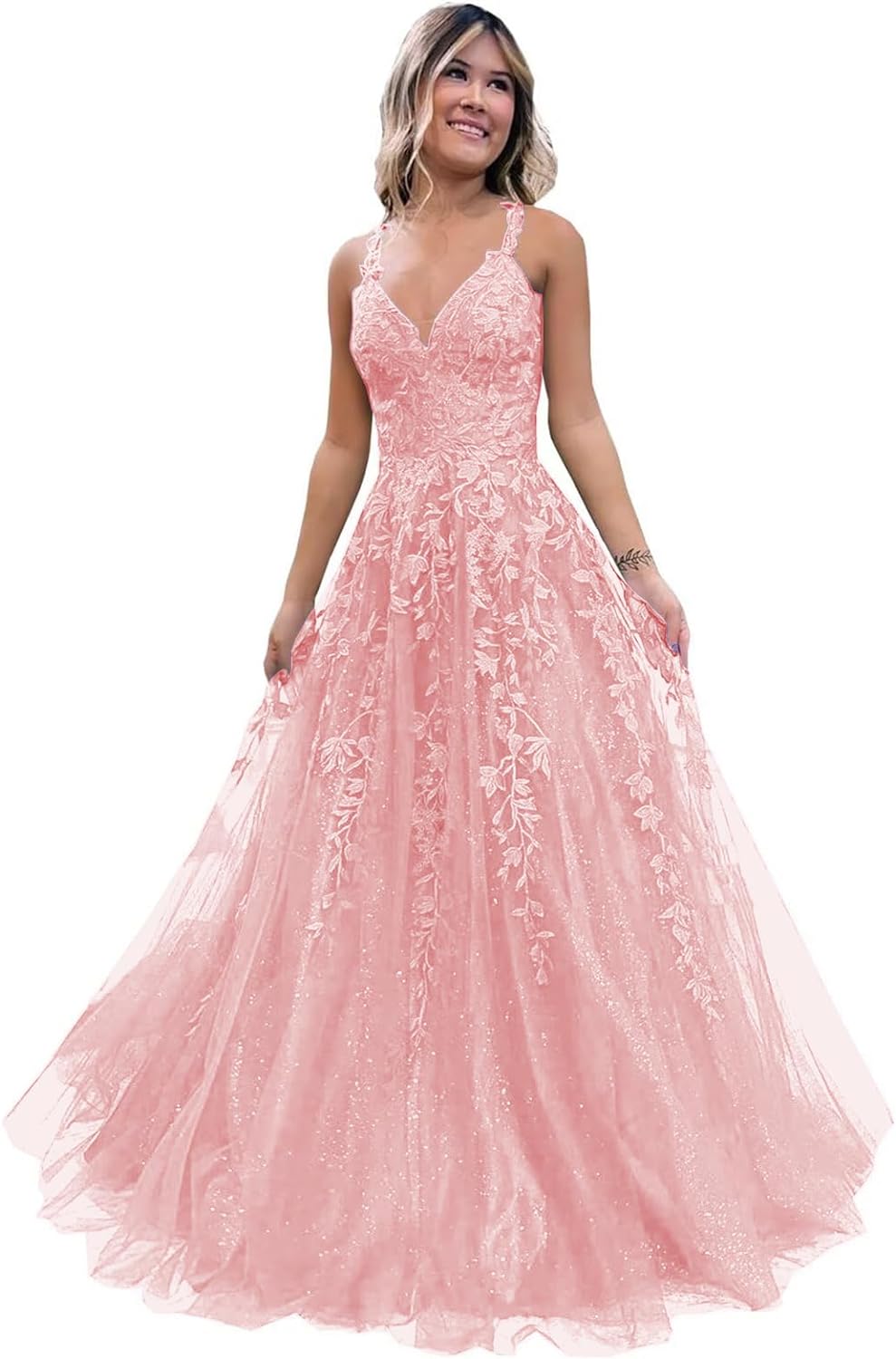 Women's Sparkly Tulle Lace Applique Prom Dresses 2025 Long Spaghetti Straps Formal Evening Gowns