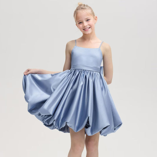Satin Homecoming Dress for Girls Short Satin Flower Girl Dresses for Wedding Party Prom Gown with Bow