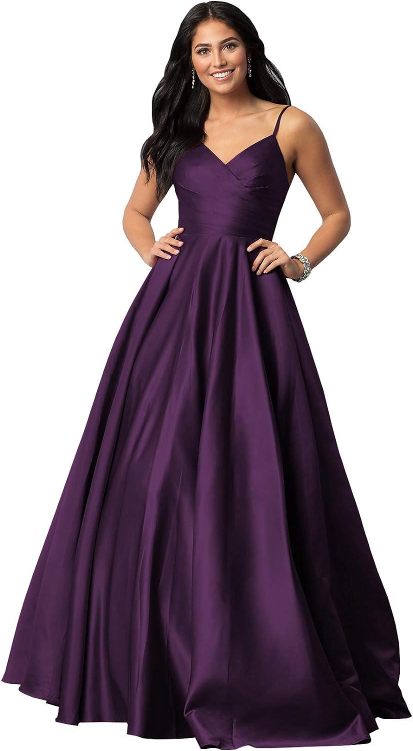 Women's Spaghetti Straps Satin Prom Dresses with Pockets V Neck Pleated Formal Evening Ball Gowns