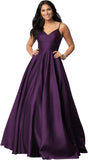 Women's Spaghetti Straps Satin Prom Dresses with Pockets V Neck Pleated Formal Evening Ball Gowns