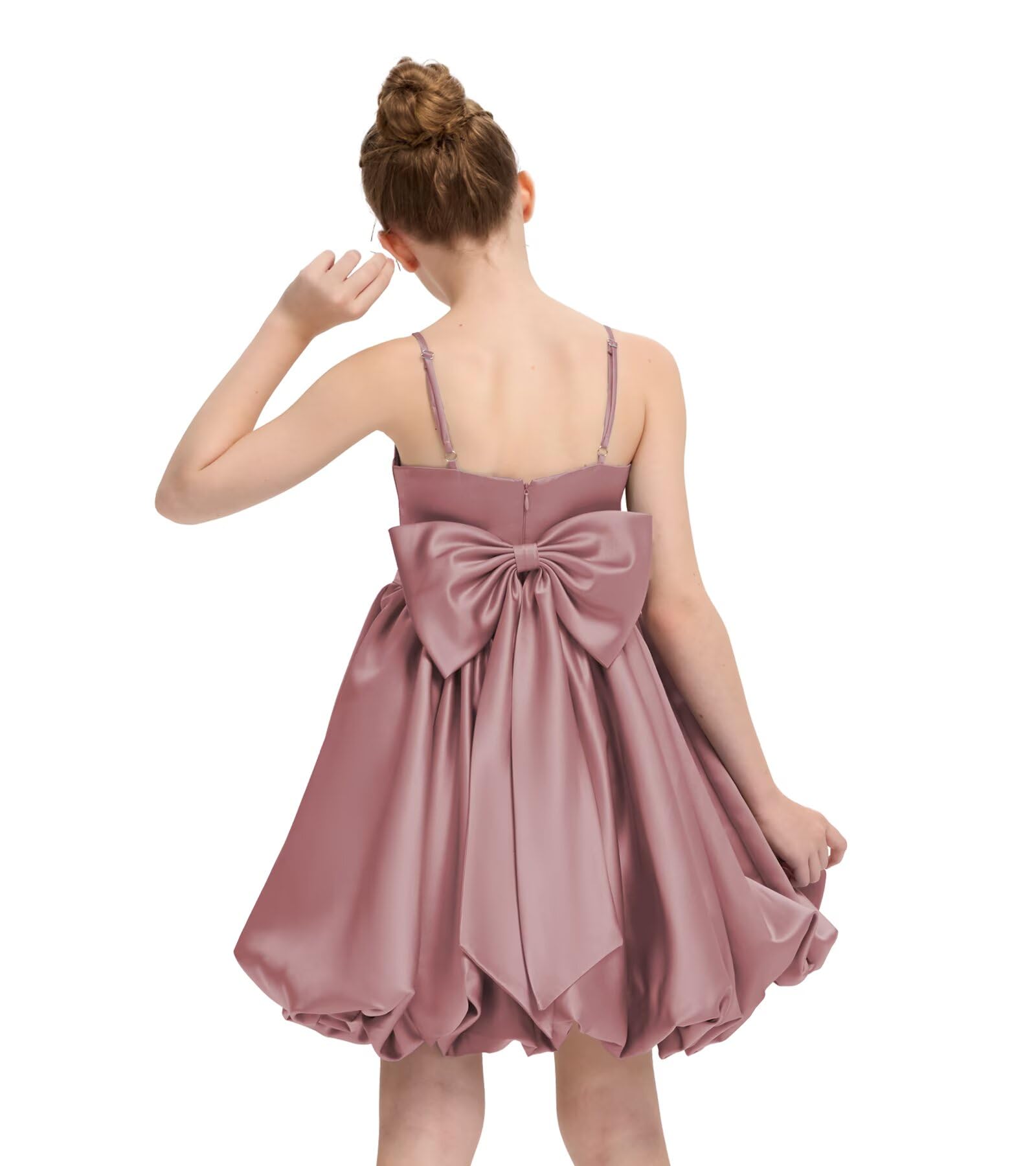 Satin Homecoming Dress for Girls Short Satin Flower Girl Dresses for Wedding Party Prom Gown with Bow