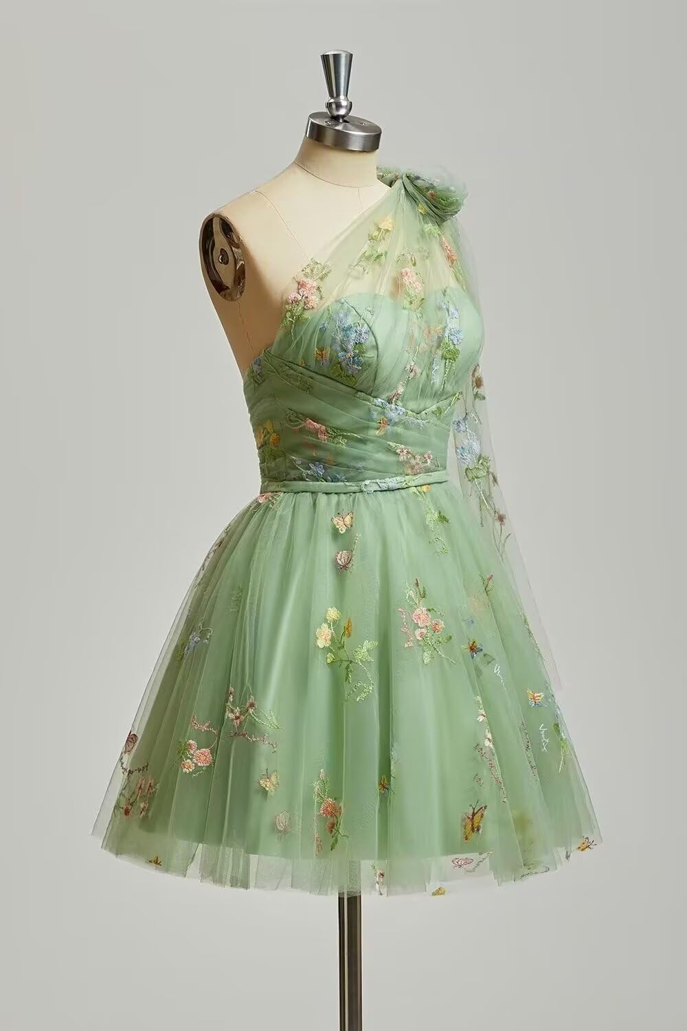 One Shoulder Homecoming Dresses for Teens Flower Embroidery Tulle Short Prom Dress A-Line Formal Party Ball Gowns