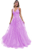 Women's Sparkly Tulle Lace Applique Prom Dresses 2025 Long Spaghetti Straps Formal Evening Gowns