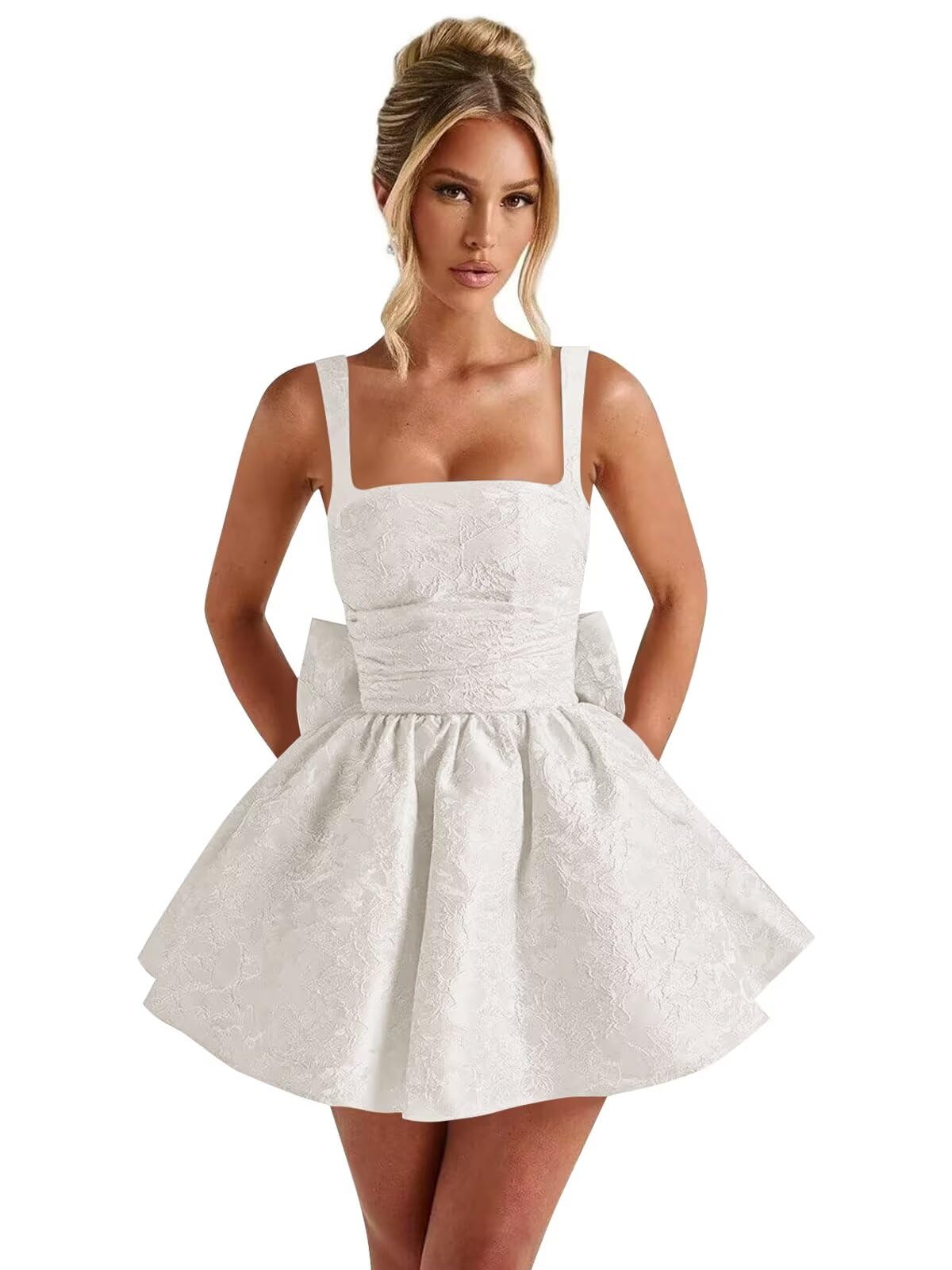 Satin Jacquard Homecoming Dress with Bow Short A-Line Mini Prom Cocktail Party Gown