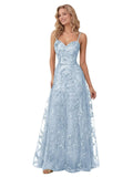 Spaghetti Strap Sparkly Prom Dress for Women Long Tulle Formal Dress Laces Evening Party Gown