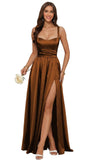 Jacquard Satin Prom Dresses with Slit Spaghetti Straps A Line Maxi Long Formal Dress