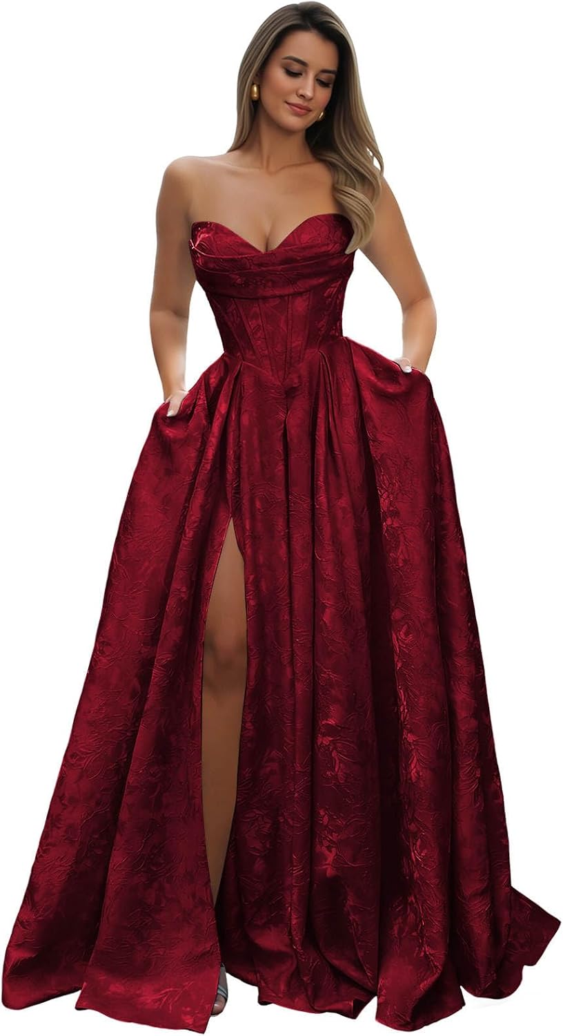 Strapless Prom Dress Jacquard Satin Ball Gown Pleated A Line Long Corset Formal Evening Dresses with Slit Pockets