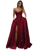 Strapless Prom Dress Jacquard Satin Ball Gown Pleated A Line Long Corset Formal Evening Dresses with Slit Pockets