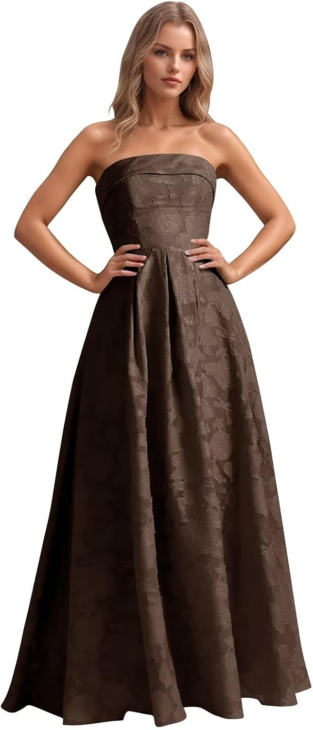 Jacquard Floral Prom Dresses Strapless Maxi Evening Gowns A-Line Ruched Formal Party Dress Elegant