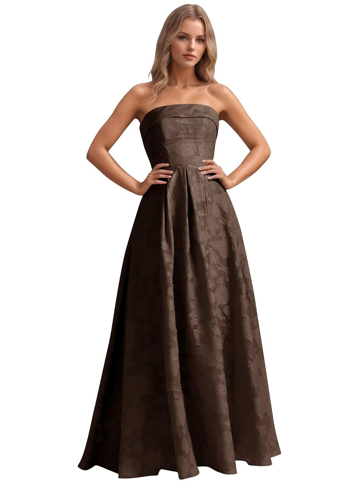 Jacquard Floral Prom Dresses Strapless Maxi Evening Gowns A-Line Ruched Formal Party Dress Elegant