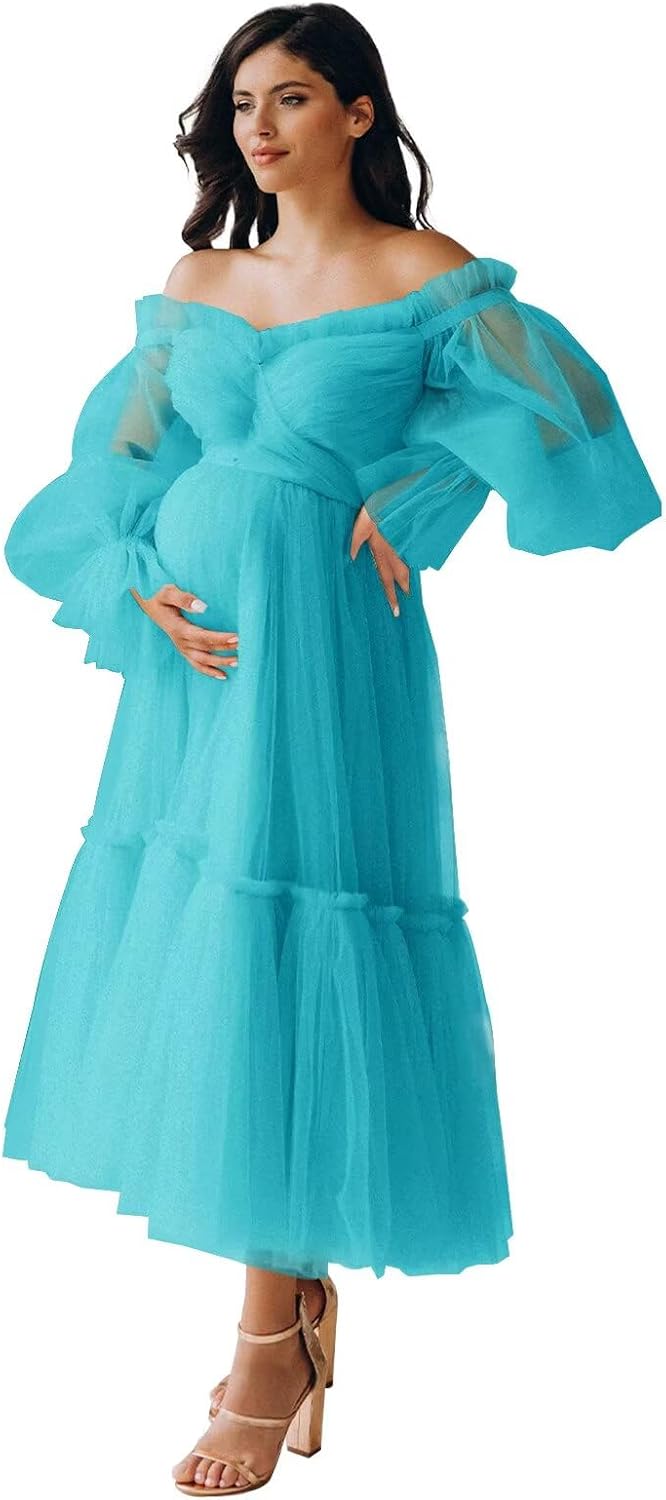 Tulle Tea Length Maternity Dresses for Photo Shoot Long Sleeve Pregnancy Gown for Baby Shower