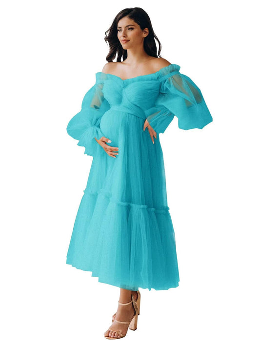 Tulle Tea Length Maternity Dresses for Photo Shoot Long Sleeve Pregnancy Gown for Baby Shower