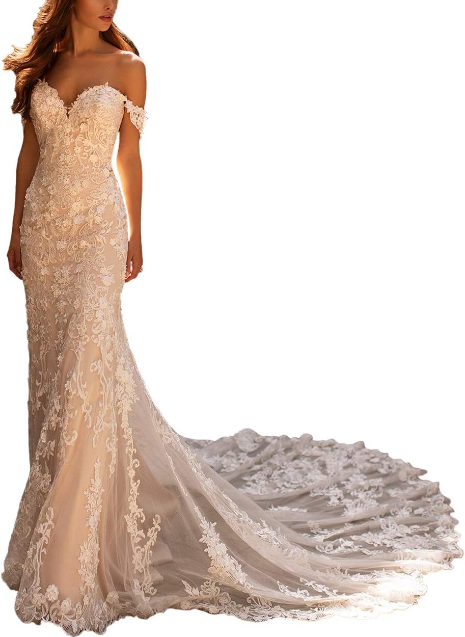 Damen Meerjungfrau Brautkleid mit Spitzenapplikationen und langen Ärmeln, V-Ausschnitt