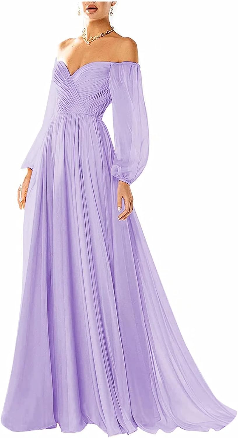 Vestido de fiesta con hombros descubiertos, manga larga, estilo formal, plisado, corte A, para mujer