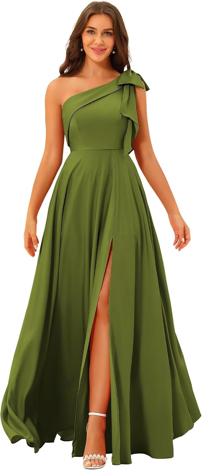 One Shoulder Bridesmaid Dresses Long for Women Satin Formal Gown Wedding Guest Dress