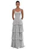 Jacquard Floral Bridesmaid Dresses for Women Long A-Line V Neck Lace Tiered Formal Evening Gown