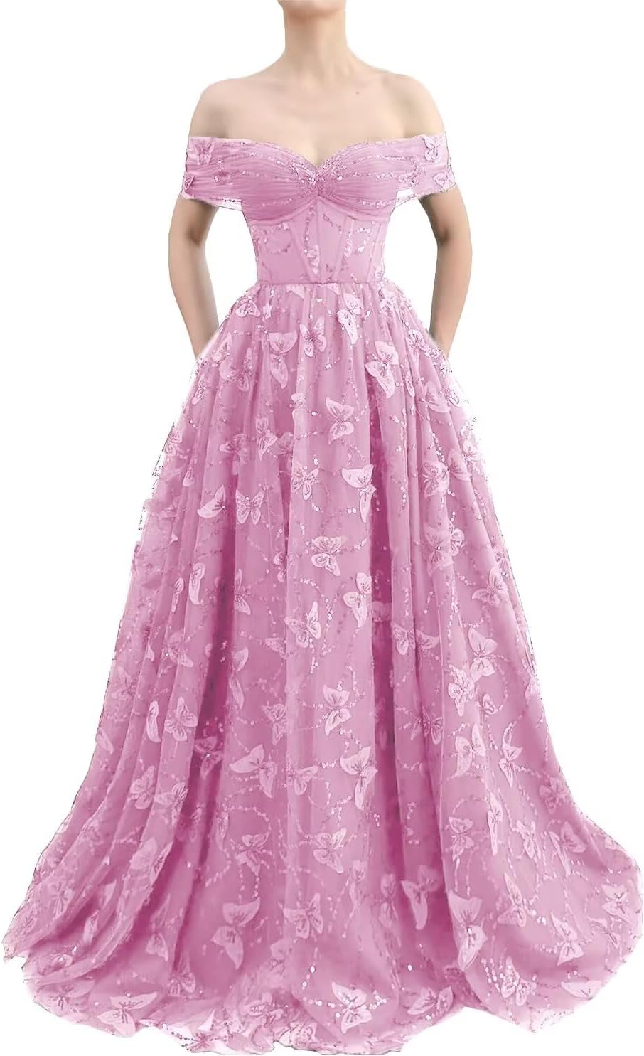 Sparkly Off Shoulder Tulle Prom Dresses with Butterfly Appliques Long A Line Formal Evening Party Gowns for Women