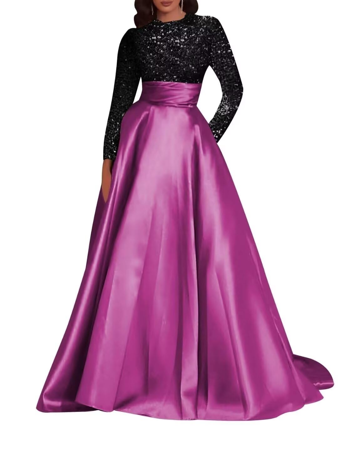 Kingbridal Gowns Long Sleeve Sequin Prom Dresses for Women Satin A-line Formal Dress 2026 Sparkly Evening Party Gowns with Pockets