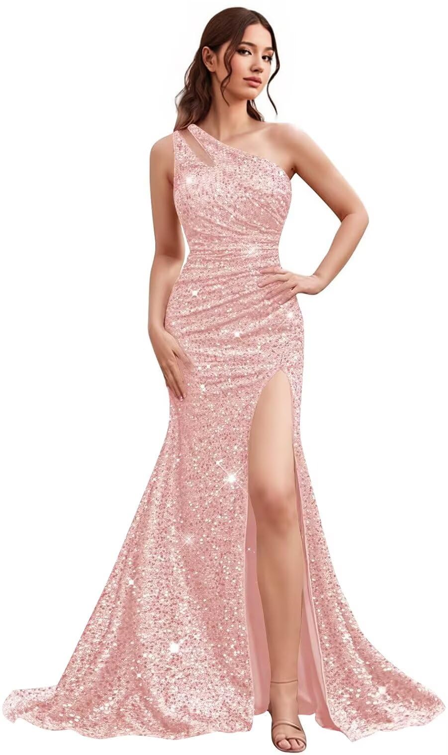 Kingbridal Gowns One Shoulder Sequin Prom Dresses with Slit 2026 Mermaid Formal Dress for Women Sparkly Ruched Evening Party Gowns