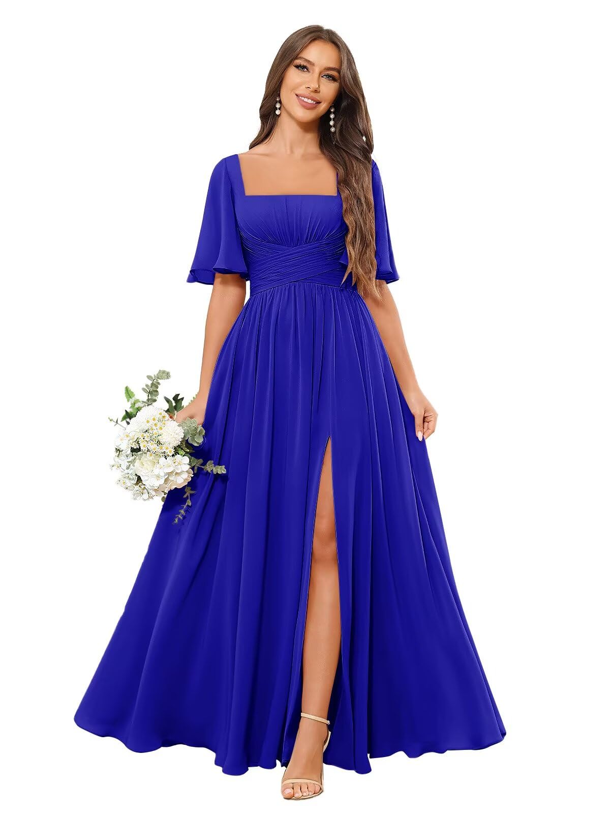 Square Neck Bridesmaid Dresses with Slit Pockets Flutter Sleeve Long Chiffon Formal Wedding Guest Dress