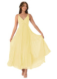 V-Neck Pleated Bridesmaid Dresses for Women Chiffon Spaghetti Straps Pleates Long Formal Wedding Guest Dress
