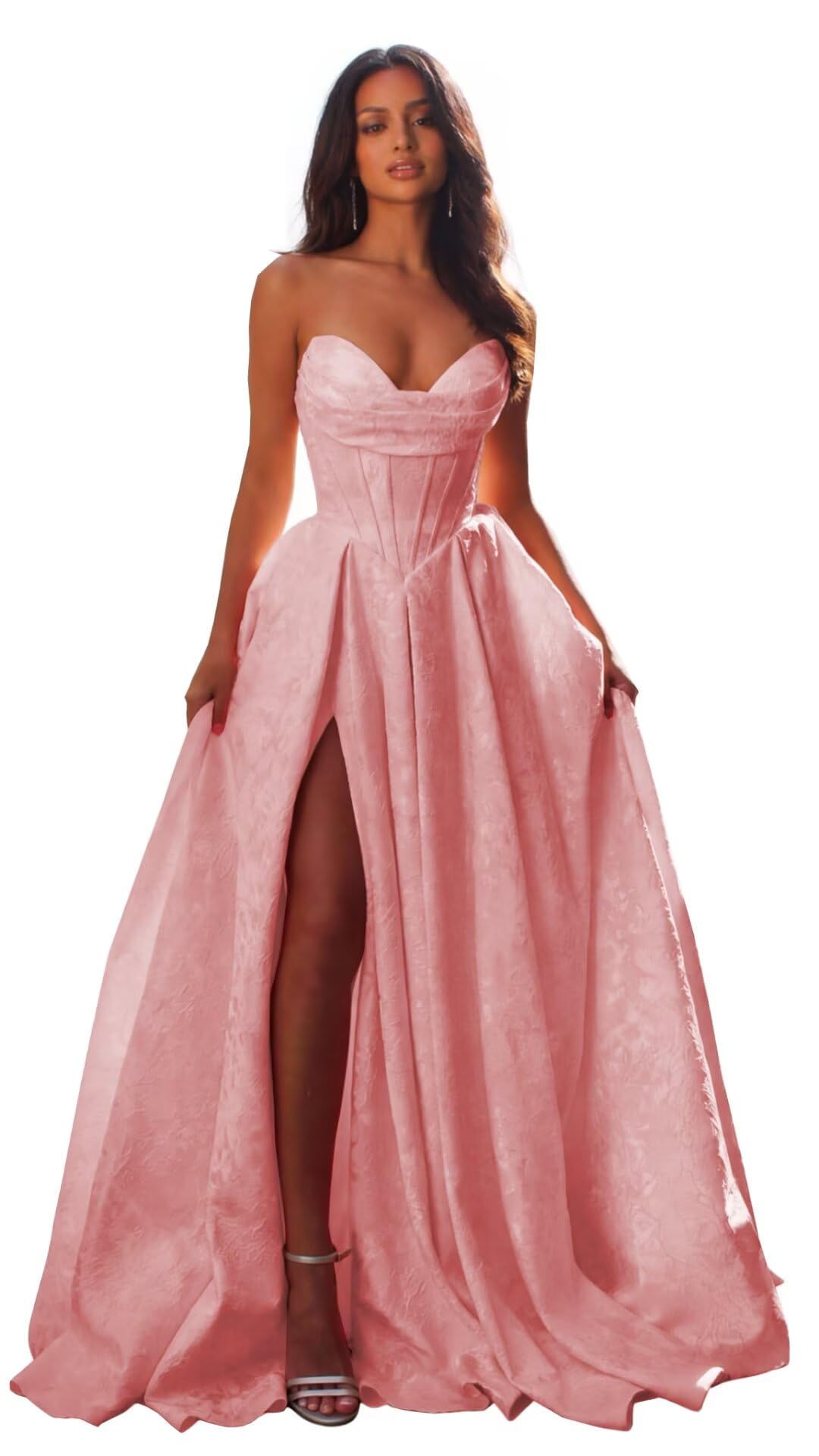 Jacquard Satin Prom Dresses with Slit Strapless Corset A Line Long Formal Gowns