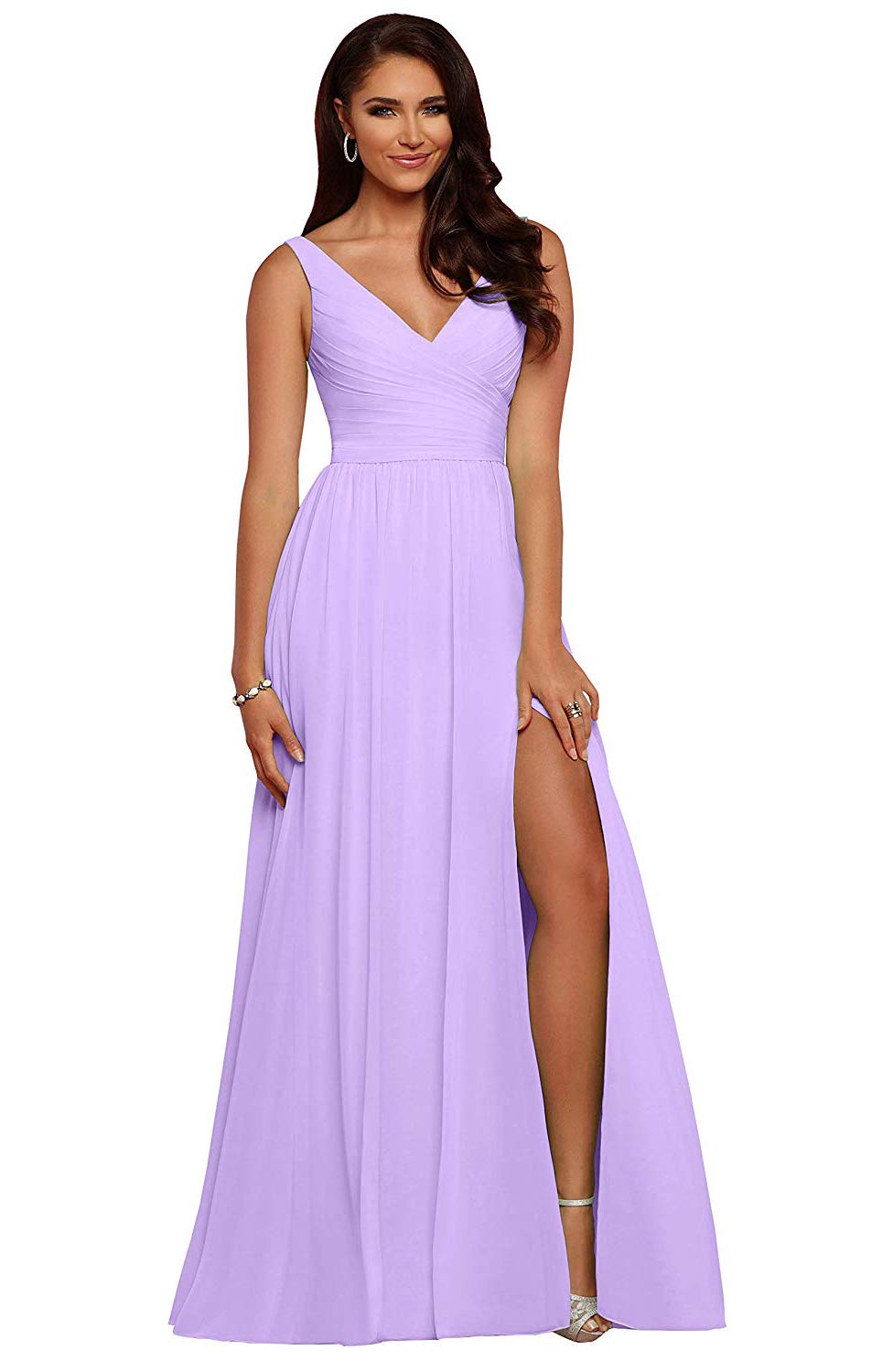 V Neck Chiffon Bridesmaid Dresses for Wedding 2027 Long Pleated Sleeveless Formal Prom Evening Gowns with Slit
