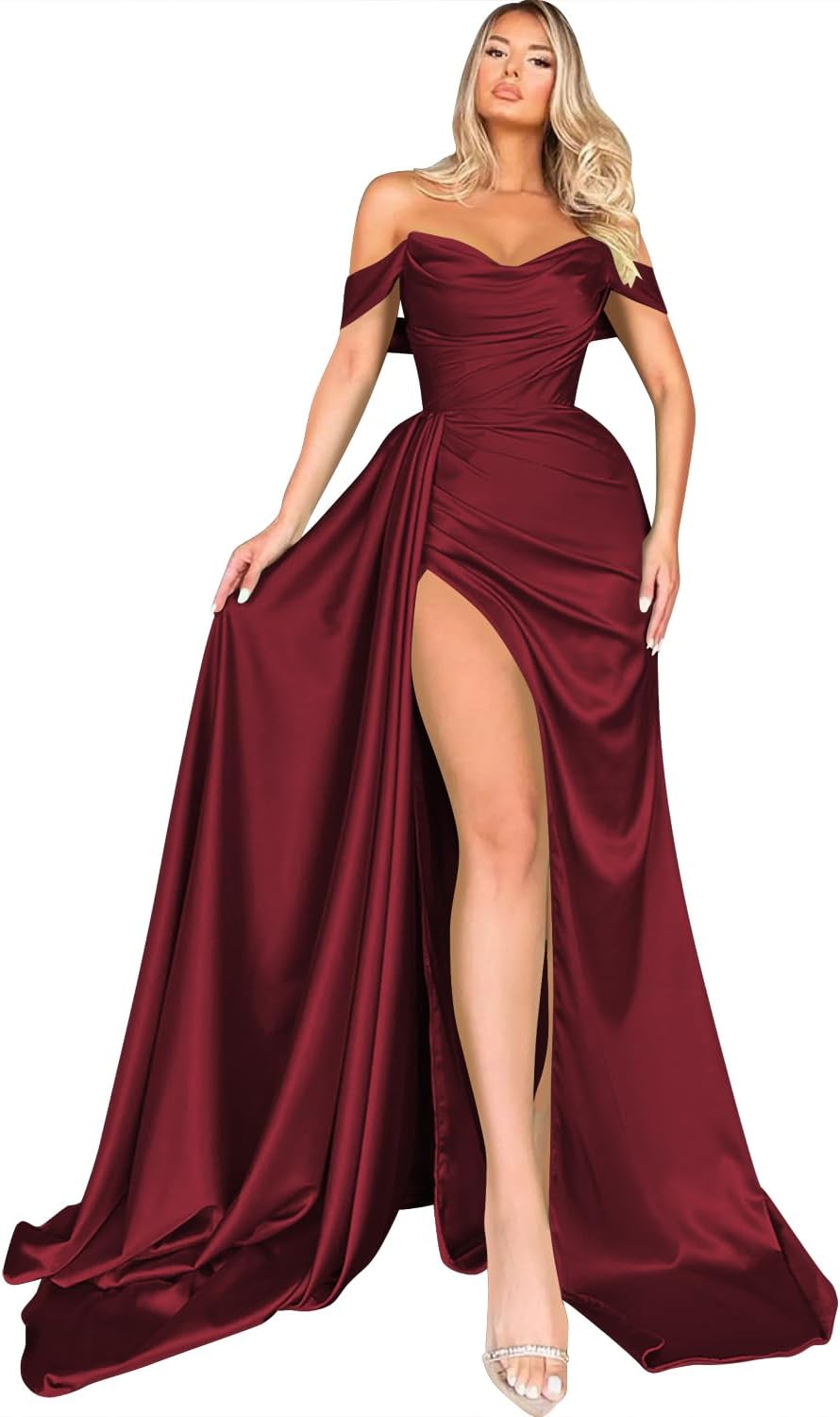 Women's Off Shoulder Mermaid Prom Dresses Long with Slit Pleates Wrap Satin Formal Evening Gowns