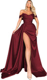 Women's Off Shoulder Mermaid Prom Dresses Long with Slit Pleates Wrap Satin Formal Evening Gowns