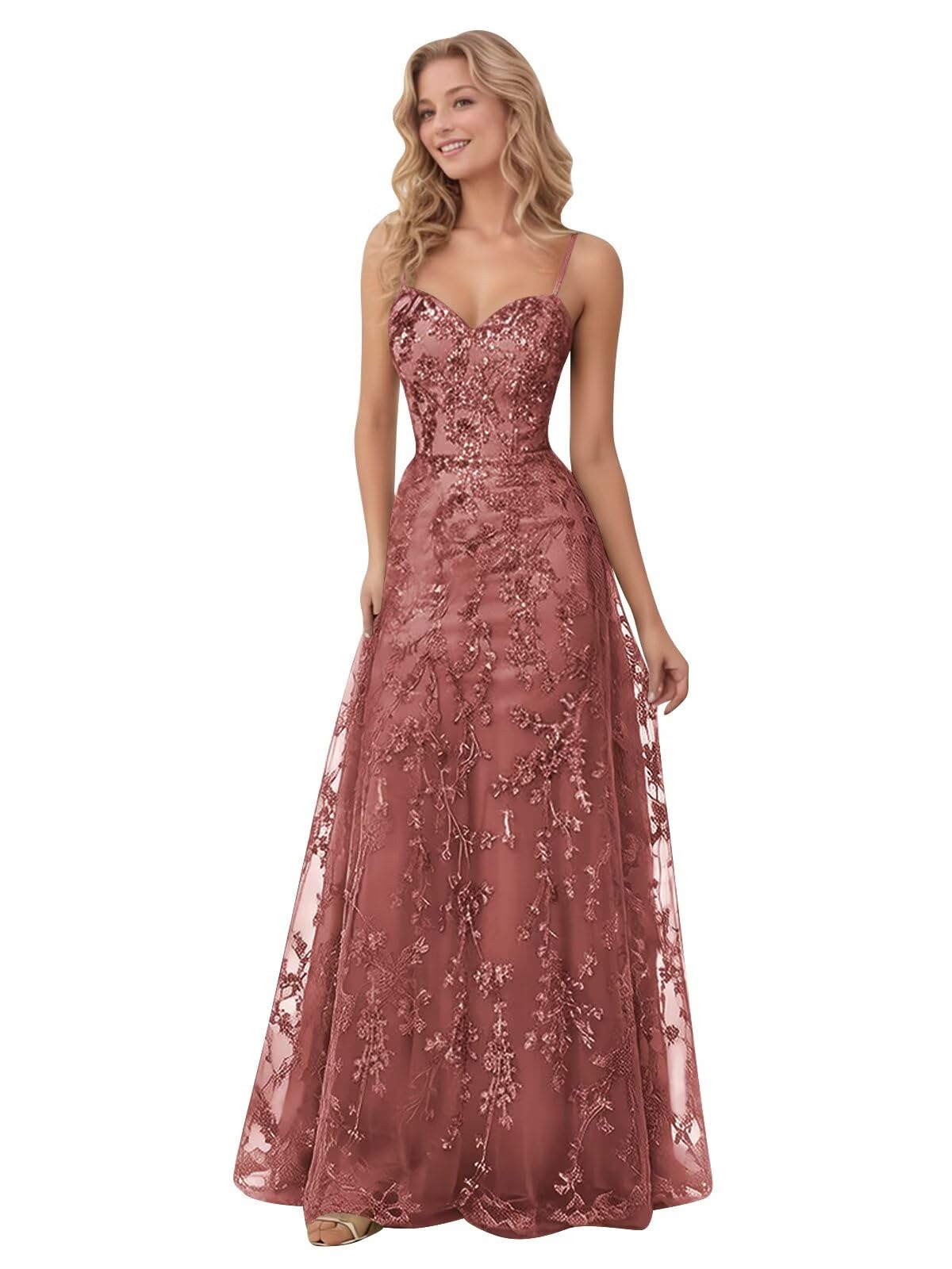 Spaghetti Strap Sparkly Prom Dress for Women Long Tulle Formal Dress Laces Evening Party Gown