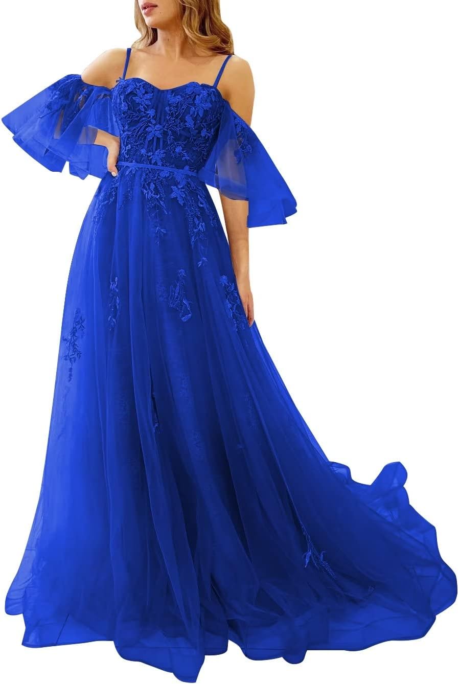 Vestidos de fiesta de tul con hombros descubiertos para adolescentes, vestidos formales con apliques de encaje, vestido de fiesta de noche formal de línea A