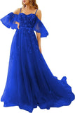 Vestidos de fiesta de tul con hombros descubiertos para adolescentes, vestidos formales con apliques de encaje, vestido de fiesta de noche formal de línea A